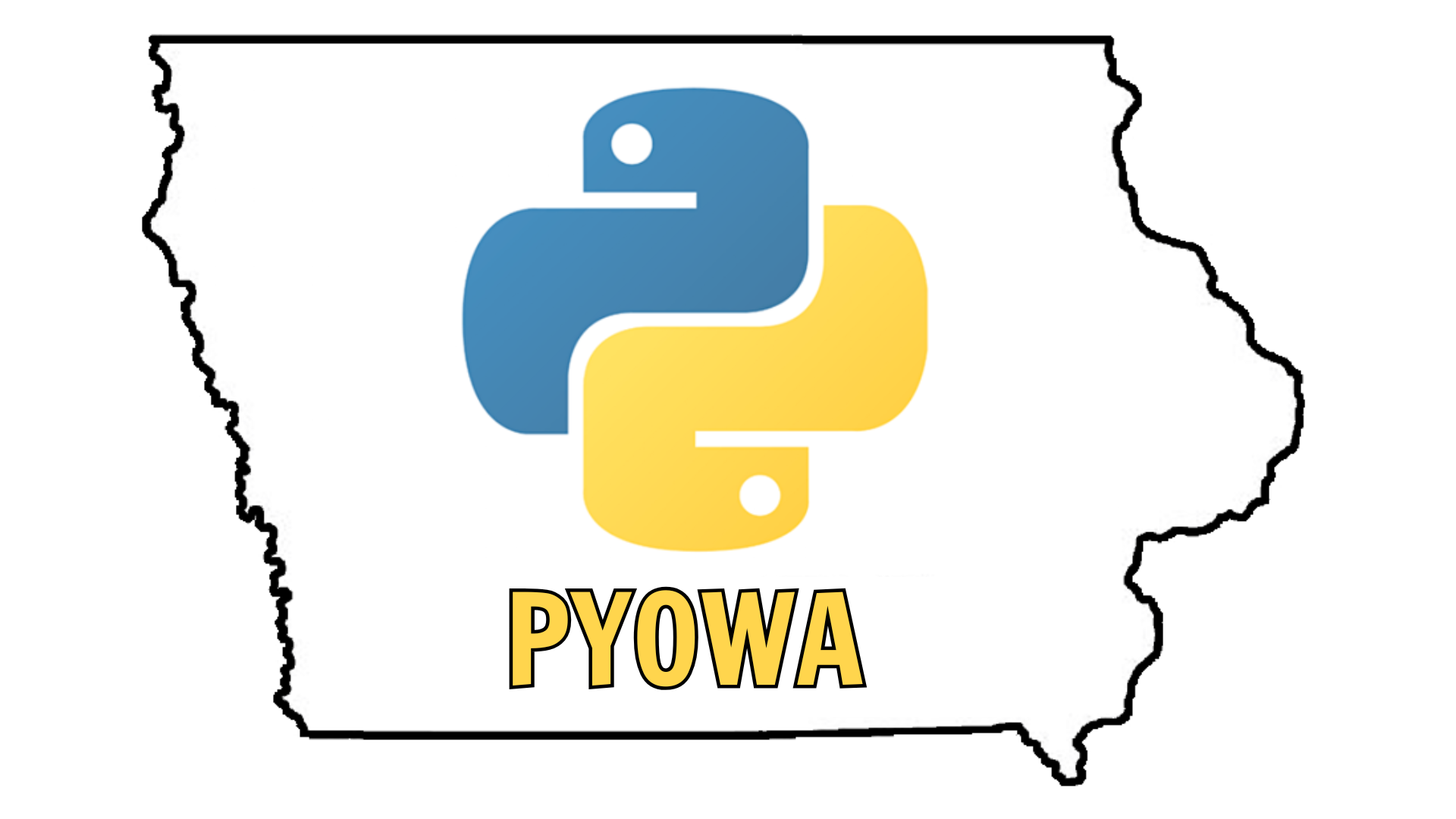 An image of outline of the state of Iowa containing the Python logo above the word Pyowa